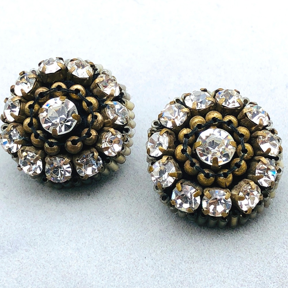 Mignonne Gavigan Stud Earrings Gold Tone Crystal Leather Cluster Round MG